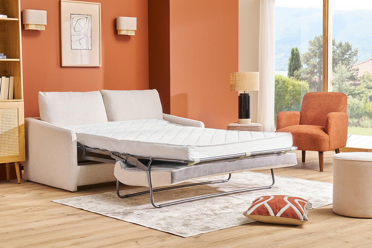 Canap convertible 2 places en tissu beige crme PAULIN