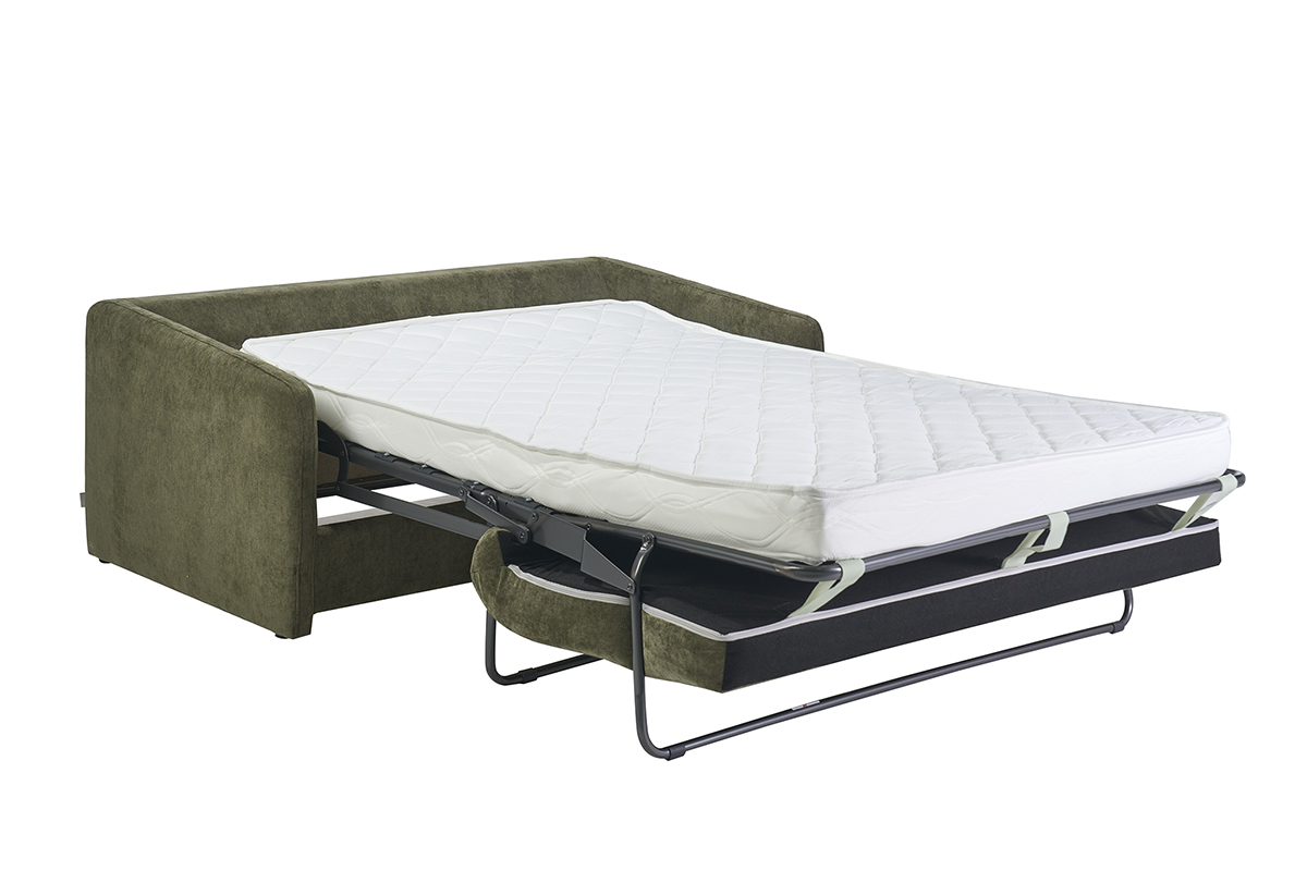 Canap� convertible 2 places en tissu effet velours textur� vert kaki PAULIN