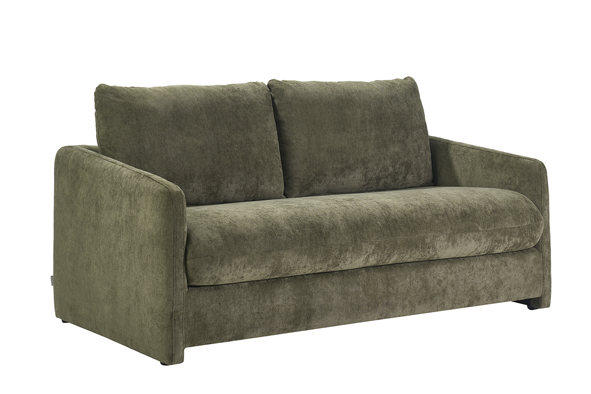 Canap� convertible 2 places en tissu effet velours textur� vert kaki PAULIN