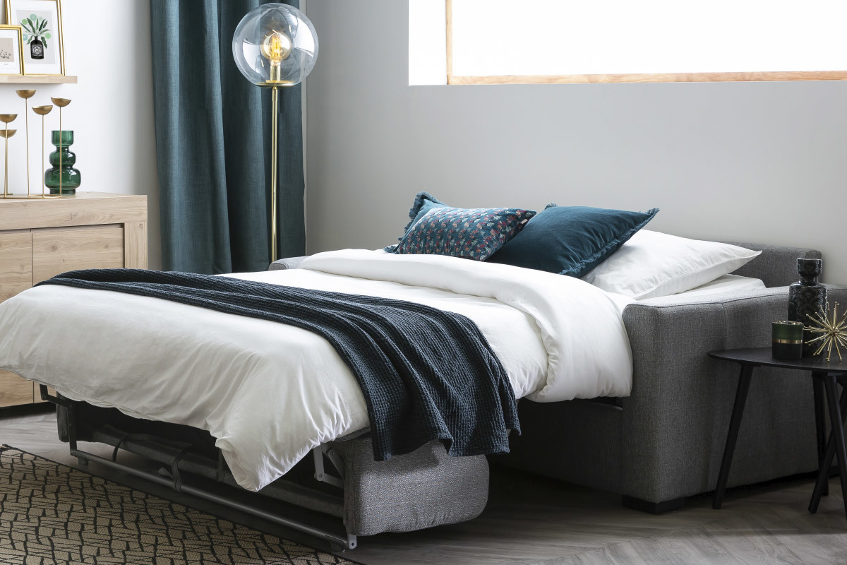 Canap convertible 3 places en tissu bleu canard avec matelas 12 cm DOME