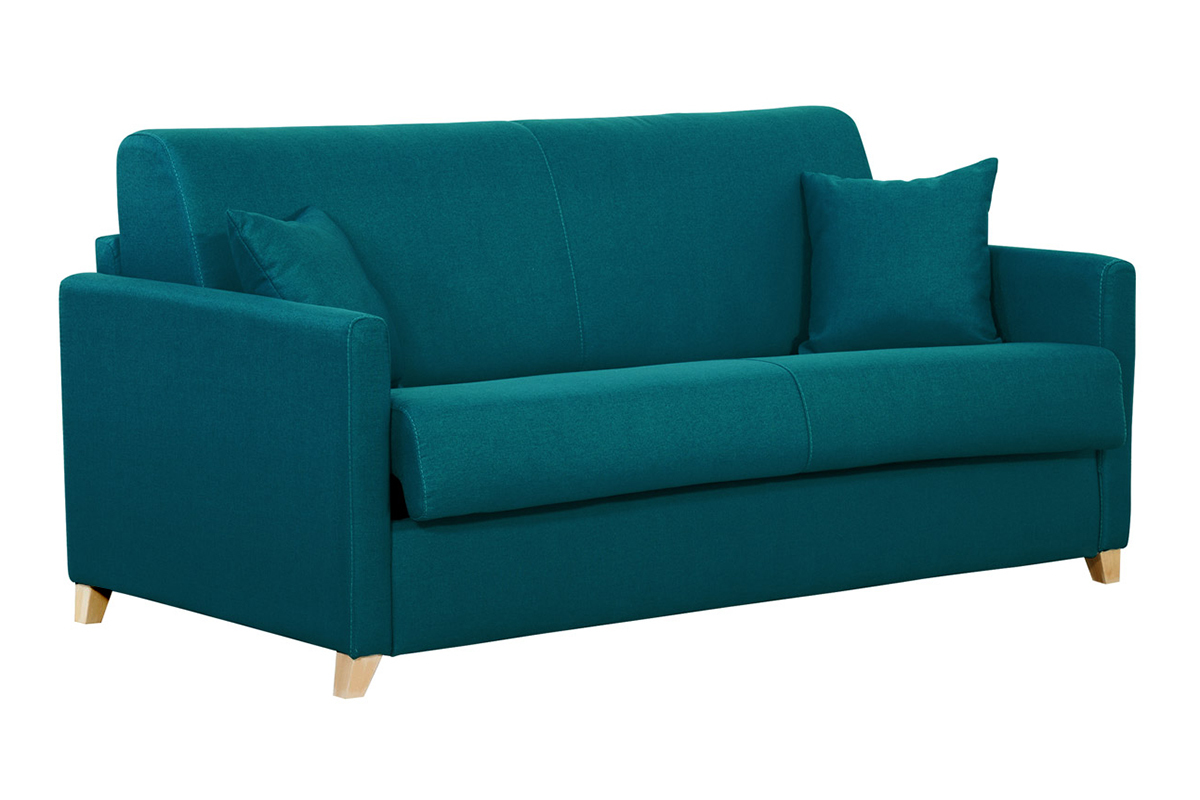 Canap convertible 3 places en tissu bleu canard et bois clair avec matelas 18 cm SKANDY
