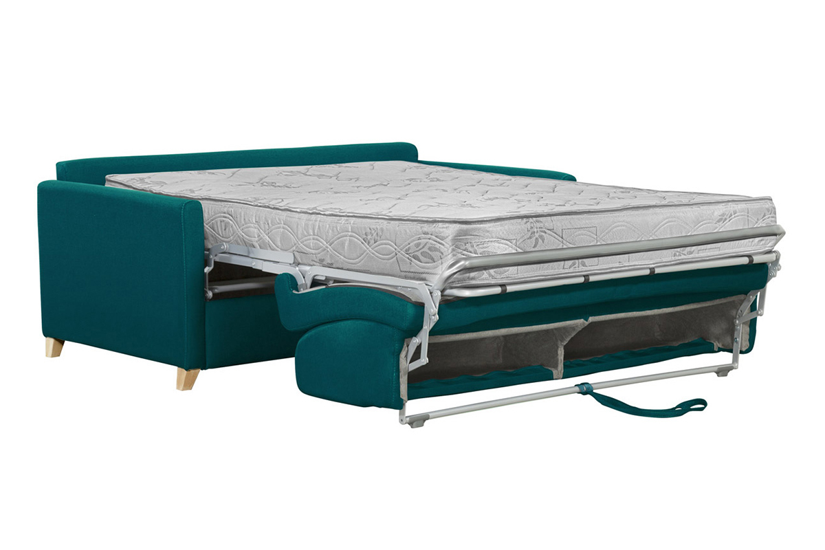 Canap convertible 3 places en tissu bleu canard et bois clair avec matelas 18 cm SKANDY