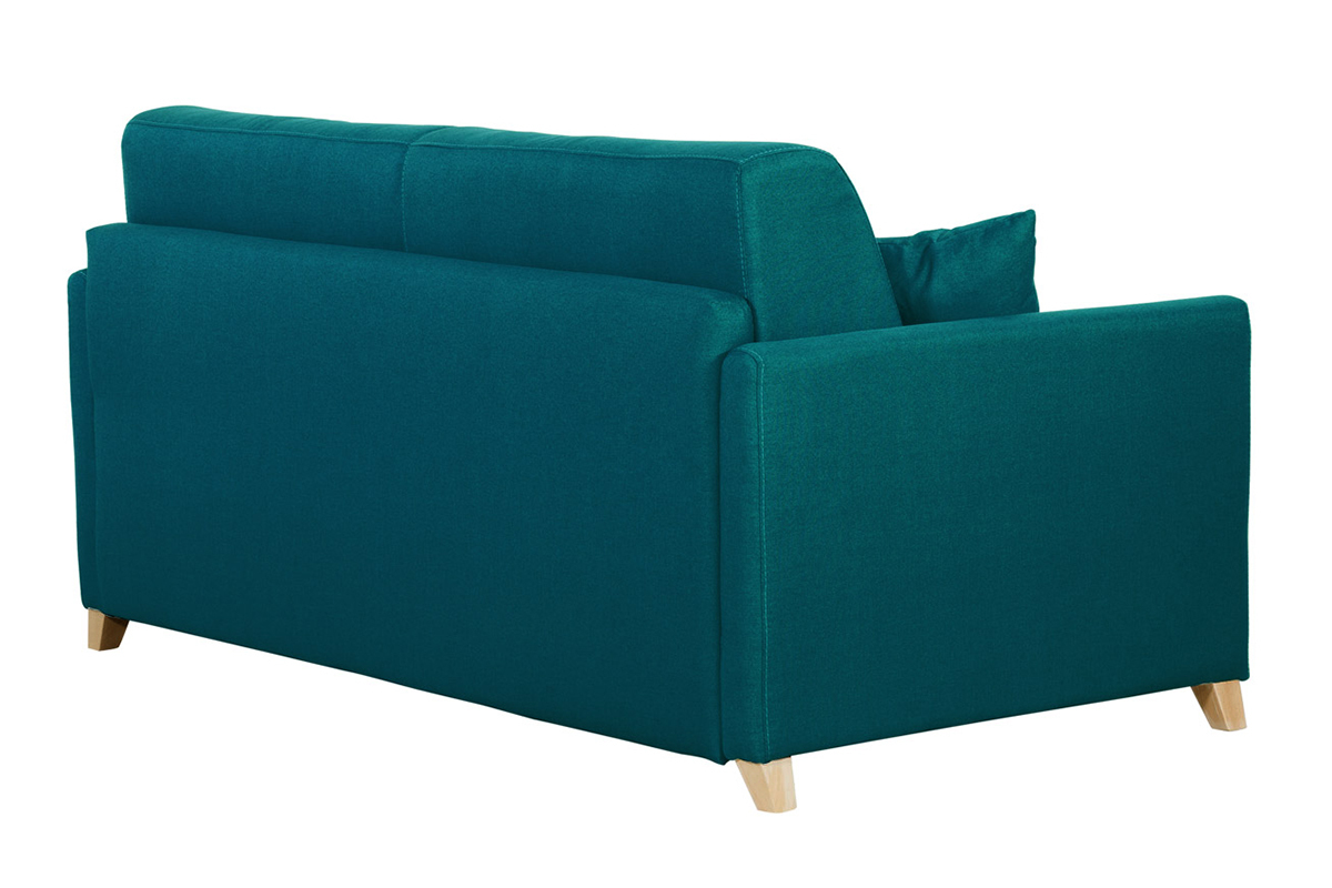 Canap convertible 3 places en tissu bleu canard et bois clair avec matelas 18 cm SKANDY