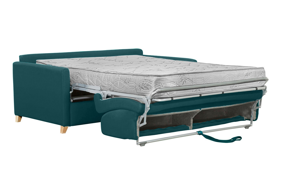 Canap convertible 3 places en tissu bleu canard et bois clair avec matelas 18 cm SKANDY