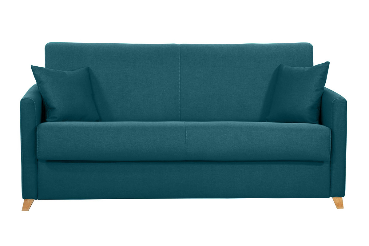 Canap convertible 3 places en tissu bleu canard et bois clair avec matelas 18 cm SKANDY