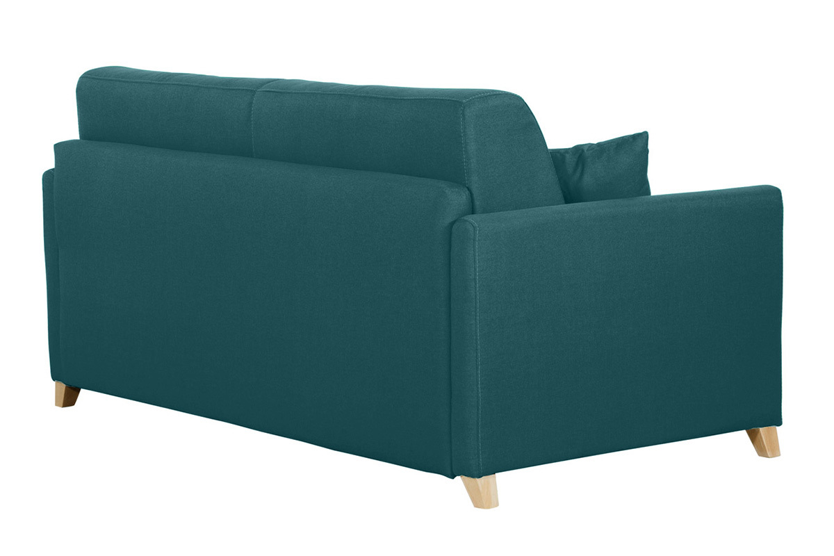 Canap convertible 3 places en tissu bleu canard et bois clair avec matelas 18 cm SKANDY