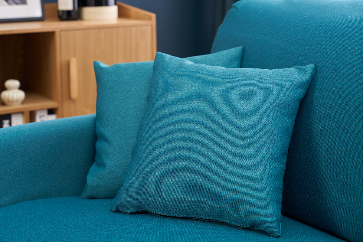 Canap convertible 3 places en tissu bleu canard et bois clair avec matelas 18 cm SKANDY