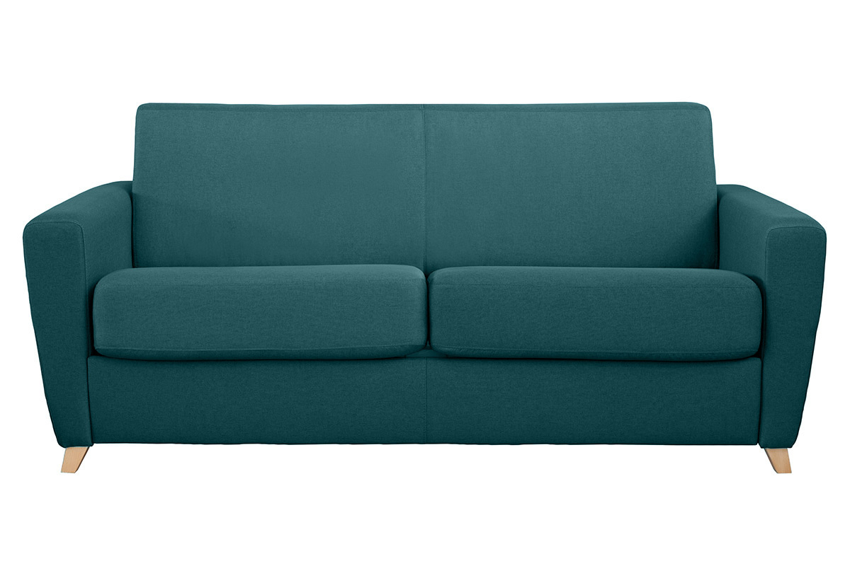 Canap convertible 3 places en tissu bleu canard et bois clair avec matelas L140 cm 13 cm GRAHAM
