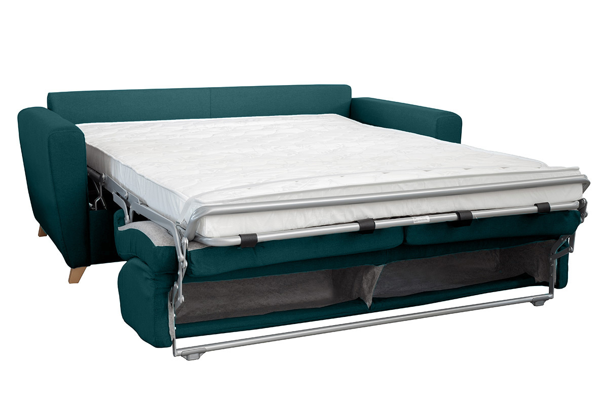 Canap convertible 3 places en tissu bleu canard et bois clair avec matelas L140 cm 13 cm GRAHAM