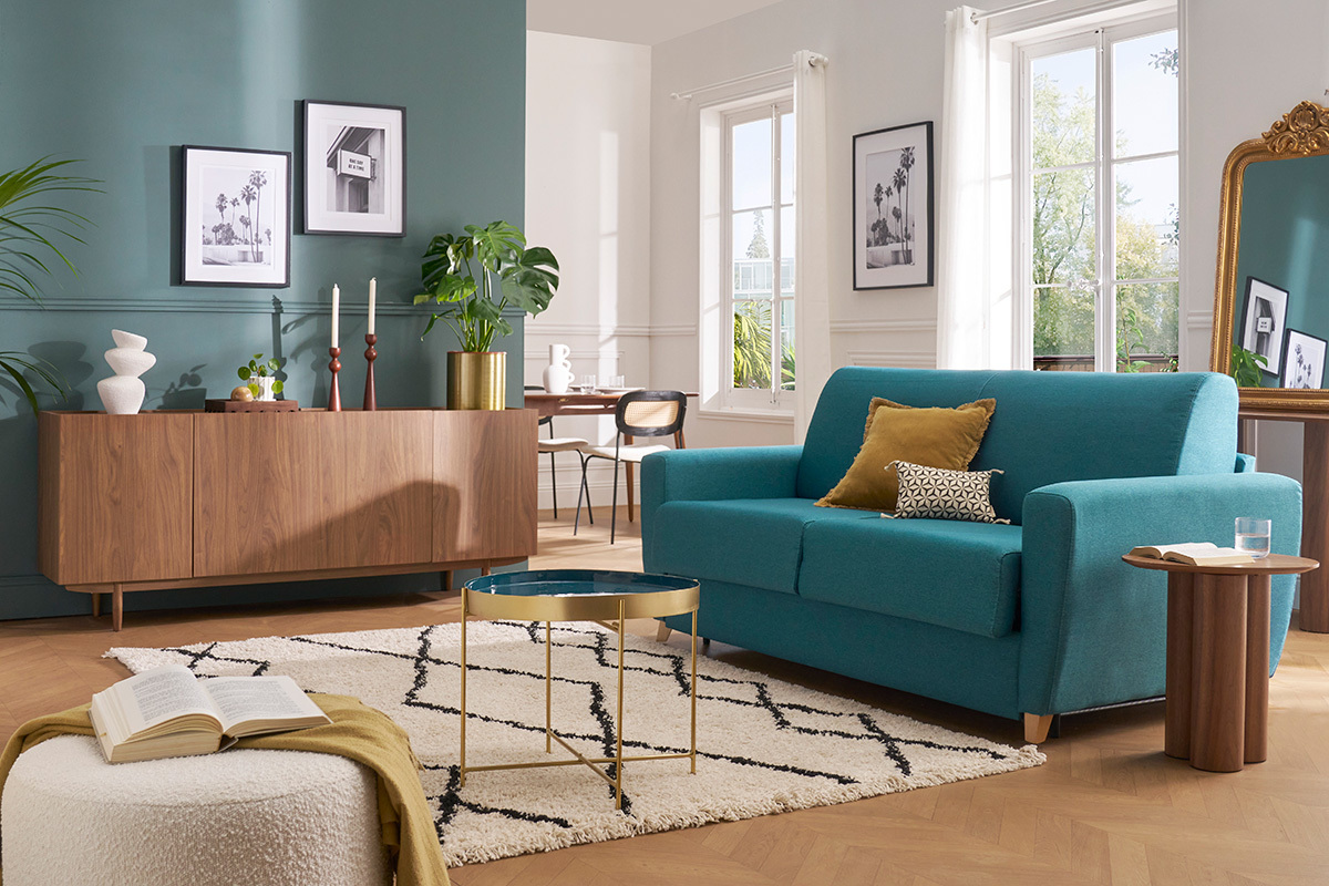 Canap� convertible 3 places en tissu bleu canard et bois clair avec matelas L140 cm 13 cm GRAHAM