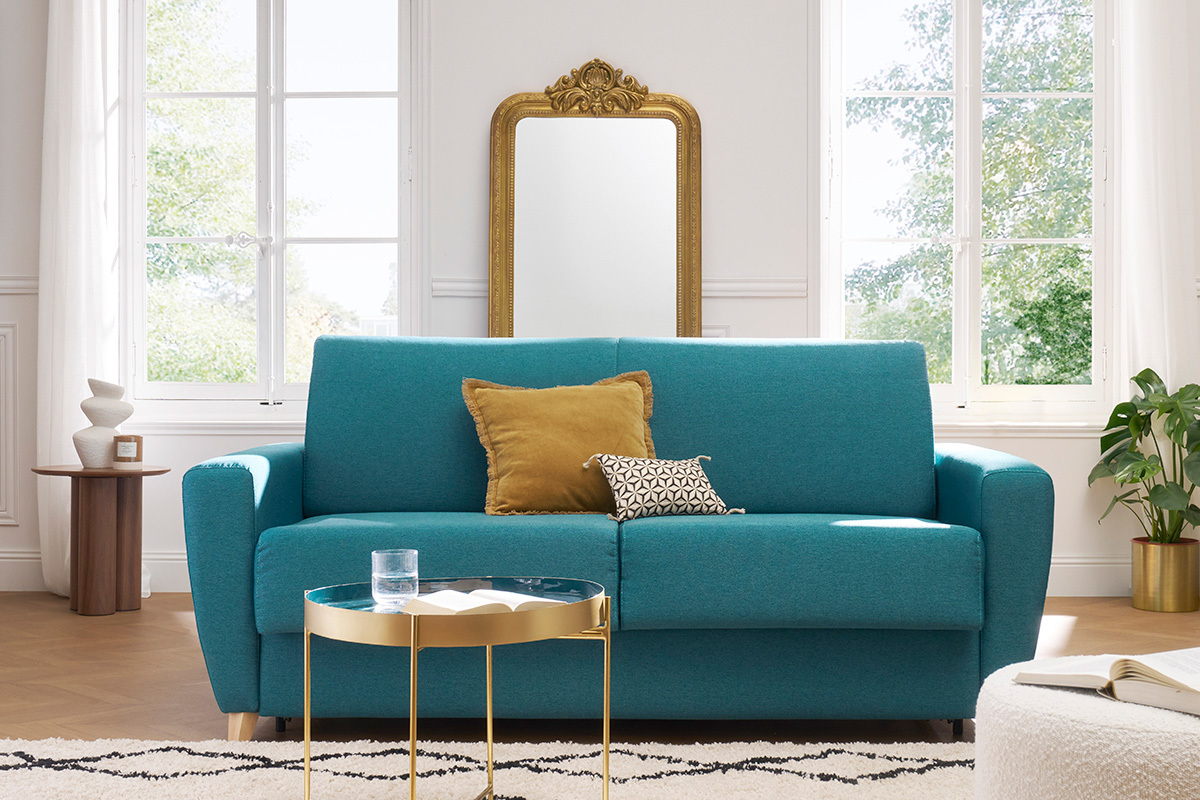 Canap� convertible 3 places en tissu bleu canard et bois clair avec matelas L140 cm 13 cm GRAHAM