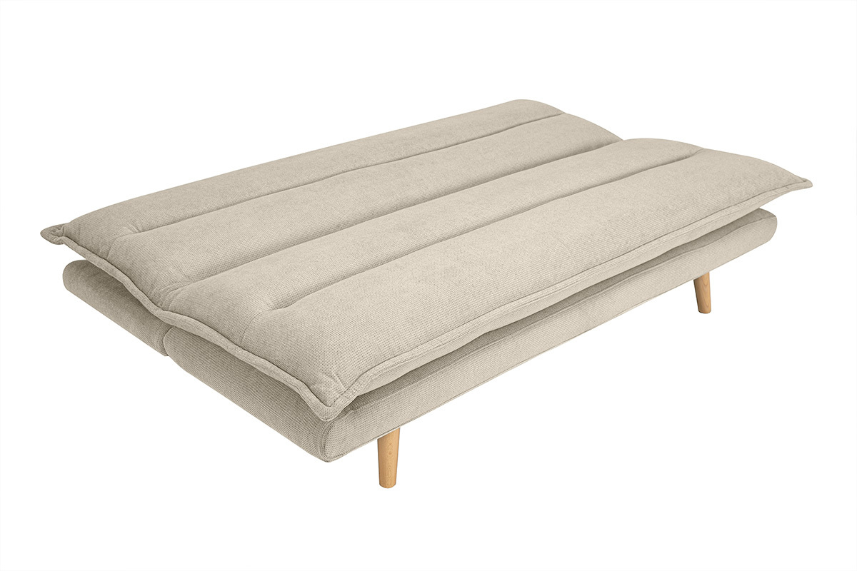 Canap convertible 3 places en tissu chenille beige et bois clair BINGO