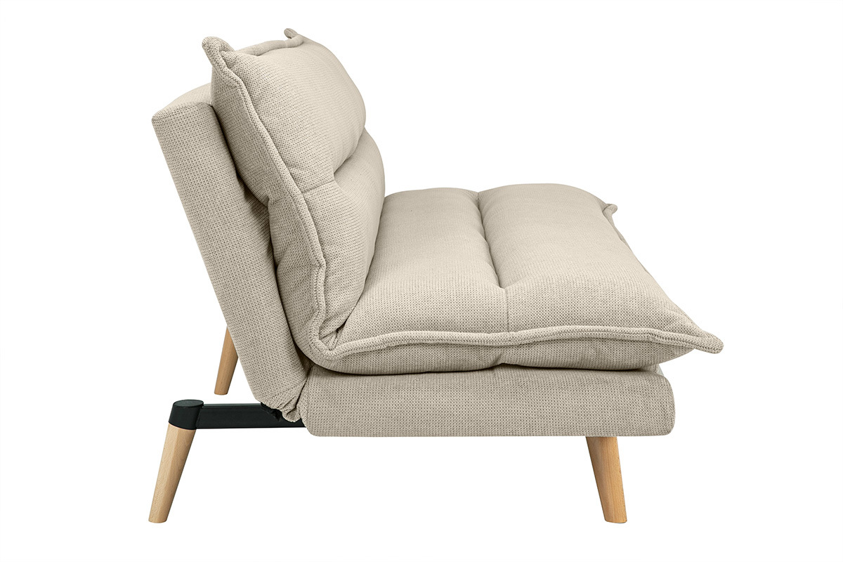 Canap convertible 3 places en tissu chenille beige et bois clair BINGO