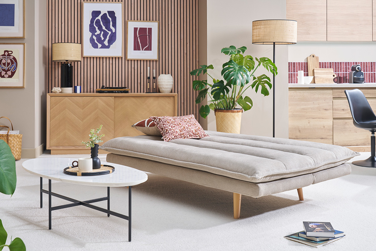 Canap� convertible 3 places en tissu chenille beige et bois clair BINGO