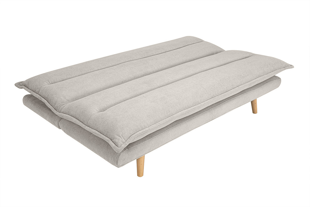Canap� convertible 3 places en tissu chenille beige et bois clair BINGO
