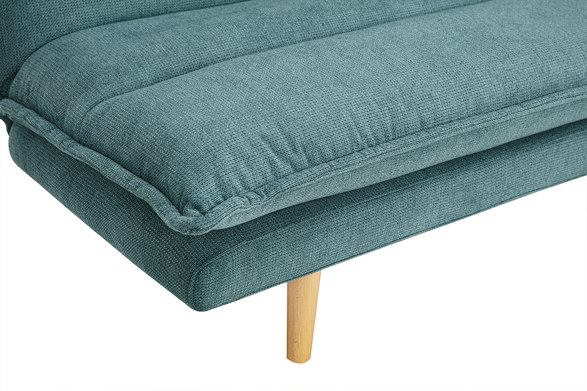 Canap� convertible 3 places en tissu chenille bleu canard et bois clair BINGO
