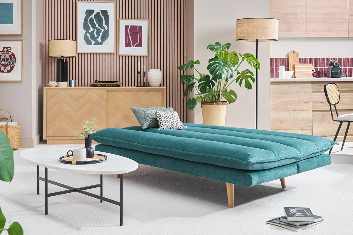 Canap� convertible 3 places en tissu chenille bleu canard et bois clair BINGO