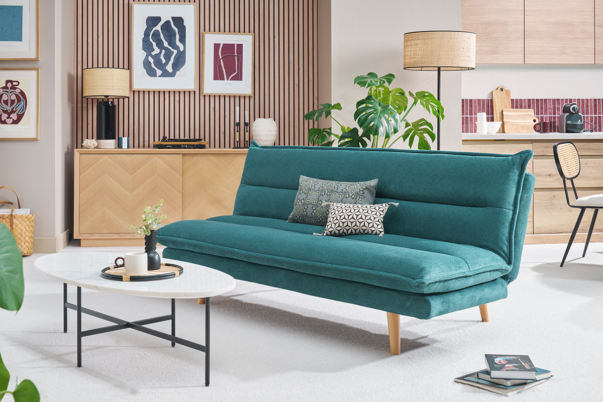 Canap� convertible 3 places en tissu chenille bleu canard et bois clair BINGO