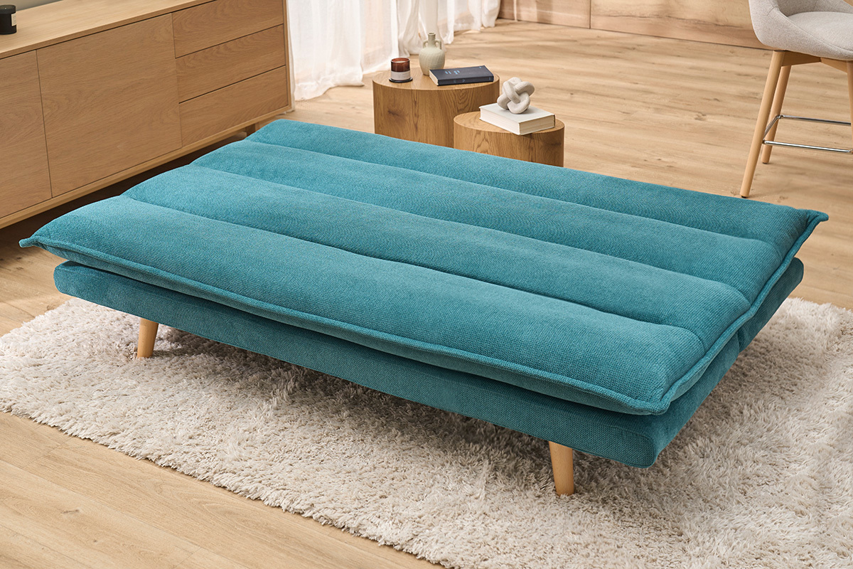 Canap� convertible 3 places en tissu chenille bleu canard et bois clair BINGO