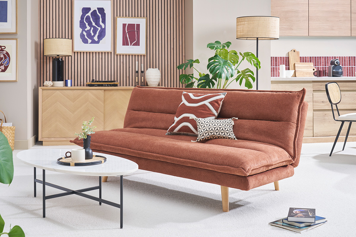 Canap� convertible 3 places en tissu chenille terre br�l�e et bois clair BINGO