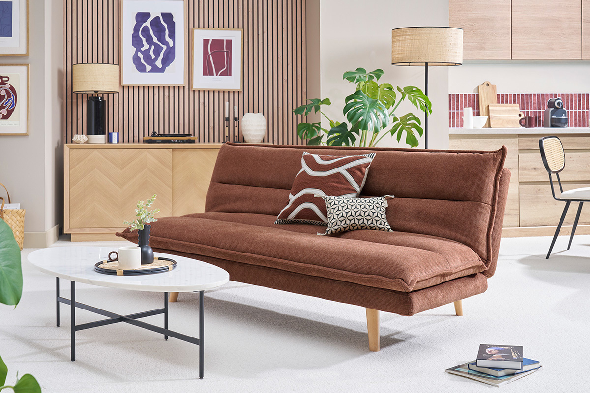 Canap� convertible 3 places en tissu chenille terre br�l�e et bois clair BINGO