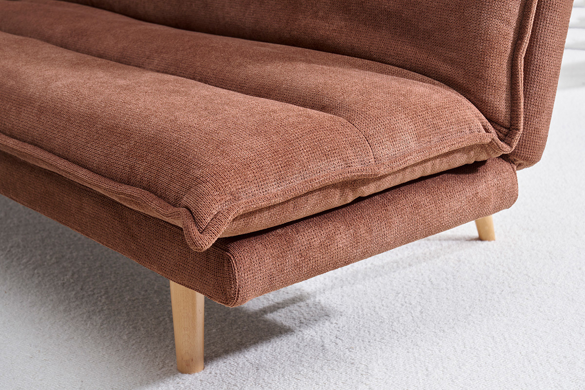 Canap� convertible 3 places en tissu chenille terre br�l�e et bois clair BINGO