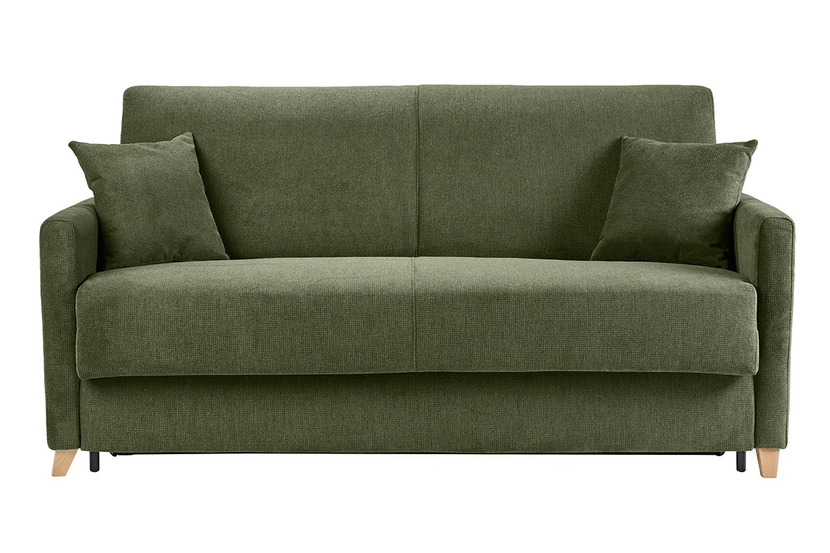 Canap� convertible 3 places en tissu chenille vert fonc� et bois clair avec matelas 18 cm SKANDY