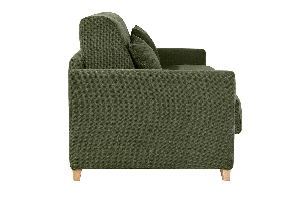 Canap� convertible 3 places en tissu chenille vert fonc� et bois clair avec matelas 18 cm SKANDY