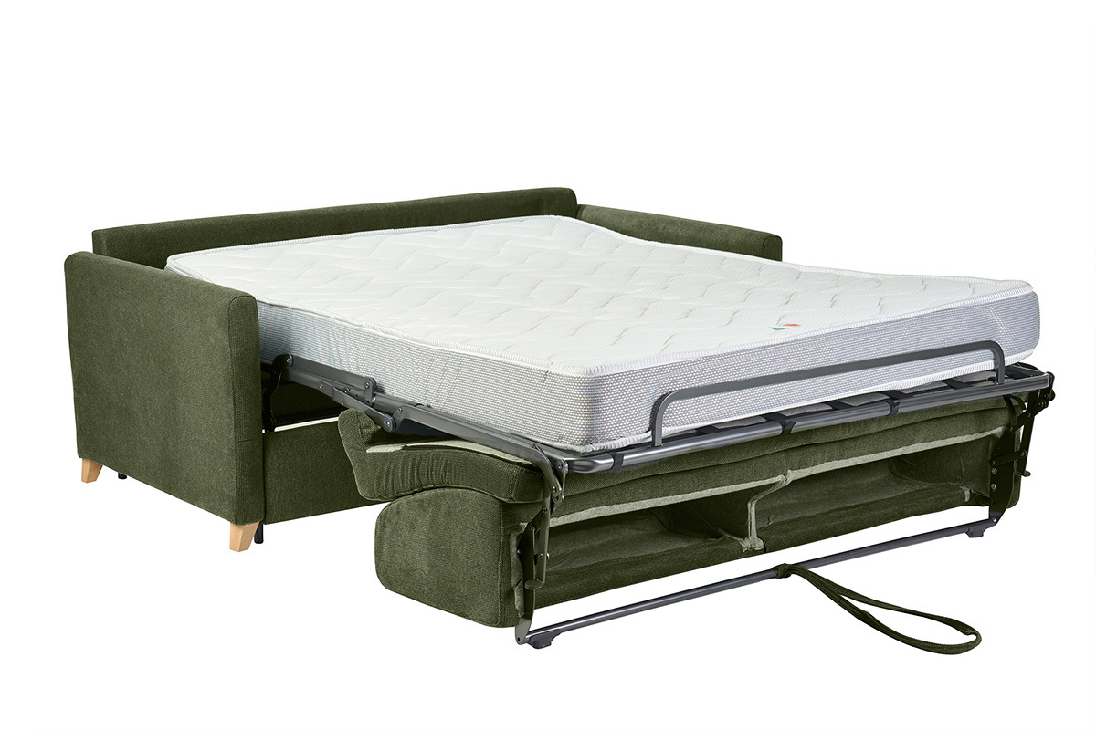Canap� convertible 3 places en tissu chenille vert fonc� et bois clair avec matelas 18 cm SKANDY