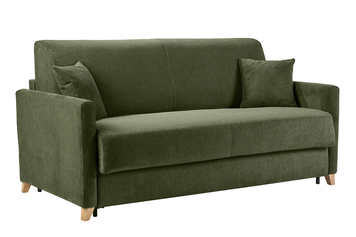Canap� convertible 3 places en tissu chenille vert fonc� et bois clair avec matelas 18 cm SKANDY