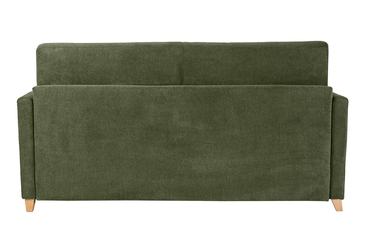 Canap� convertible 3 places en tissu chenille vert fonc� et bois clair avec matelas 18 cm SKANDY
