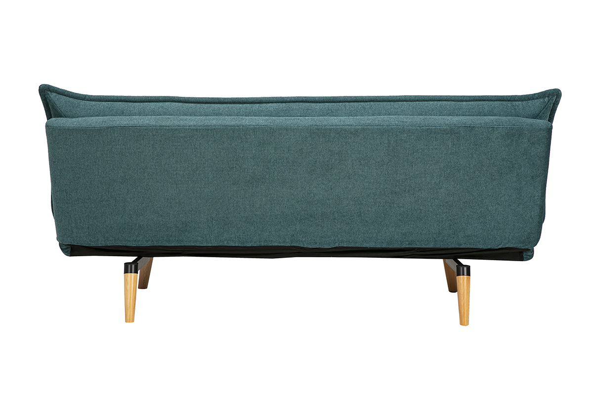 Canap convertible 3 places en tissu effet velours textur bleu canard et bois clair BINGO