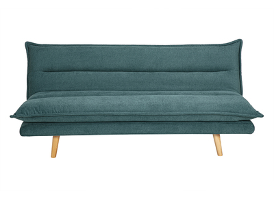 Canapé convertible 3 places en tissu effet velours texturé bleu canard et bois clair BINGO