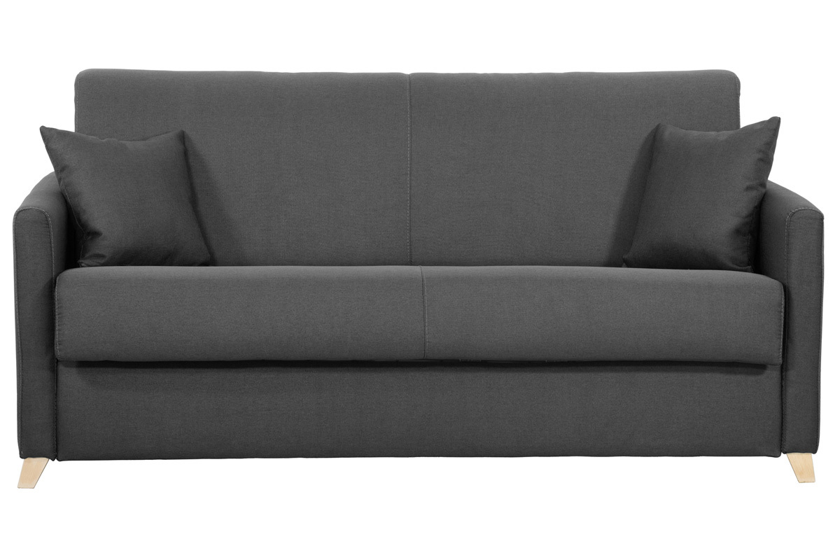 Canap convertible 3 places en tissu gris anthracite et bois clair avec matelas 12 cm SKANDY