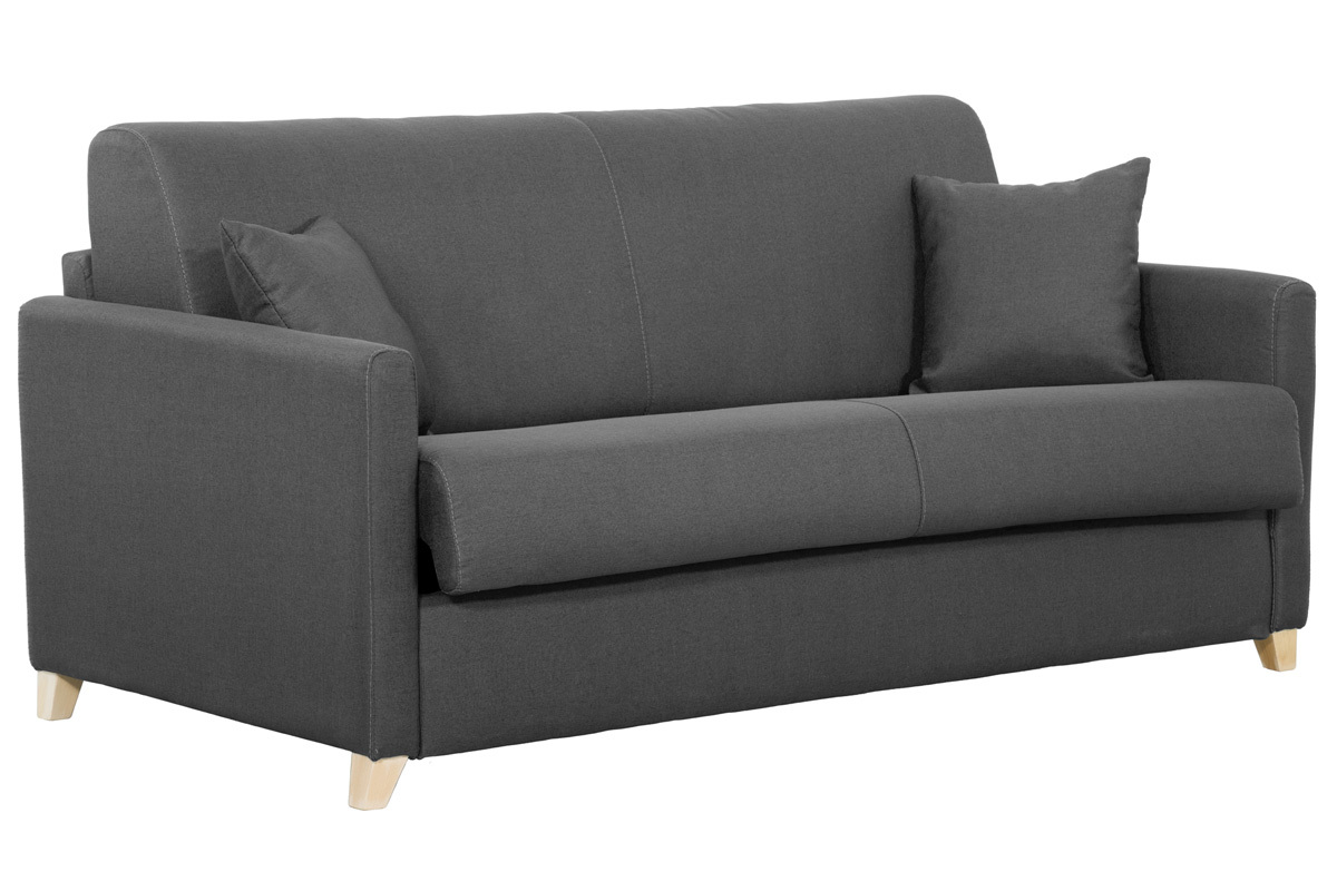 Canap convertible 3 places en tissu gris anthracite et bois clair avec matelas 12 cm SKANDY