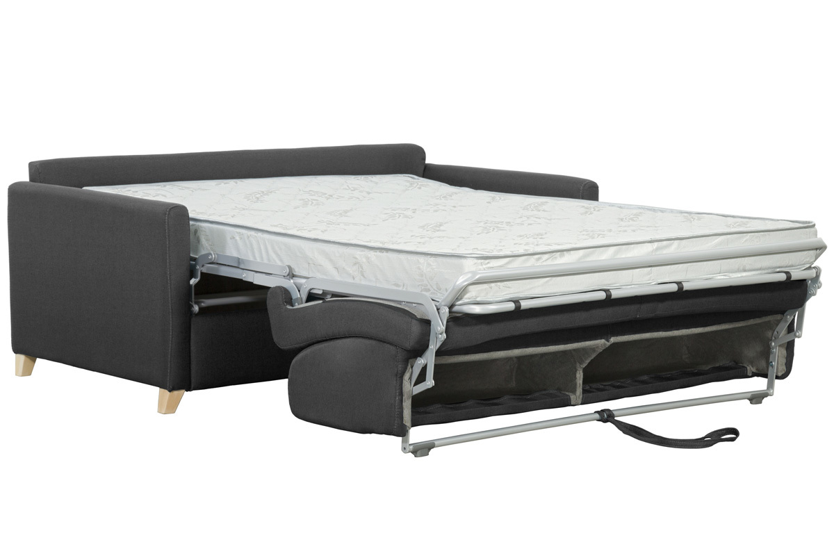 Canap convertible 3 places en tissu gris anthracite et bois clair avec matelas 12 cm SKANDY