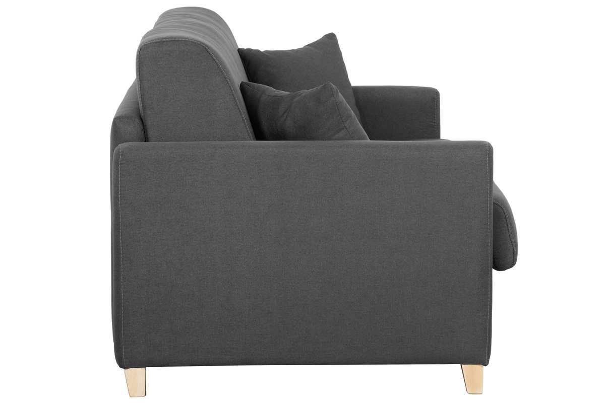 Canap convertible 3 places en tissu gris anthracite et bois clair avec matelas 12 cm SKANDY