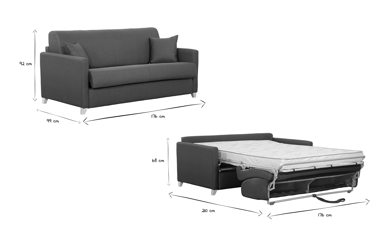 Canap convertible 3 places en tissu gris anthracite et bois clair avec matelas 12 cm SKANDY