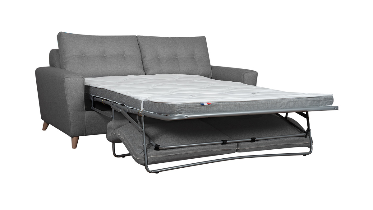 Canap convertible 3 places en tissu gris chin et bois clair avec matelas 9 cm BEAUBOURG