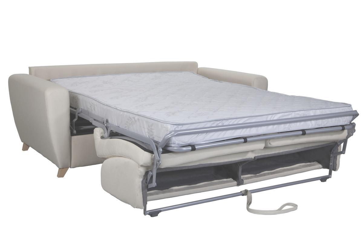 Canap convertible 3 places en tissu naturel et bois clair avec matelas L140 cm 12 cm GRAHAM