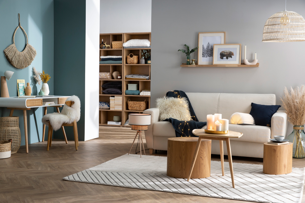 Canap convertible 3 places en tissu naturel et bois clair avec matelas L140 cm 12 cm GRAHAM