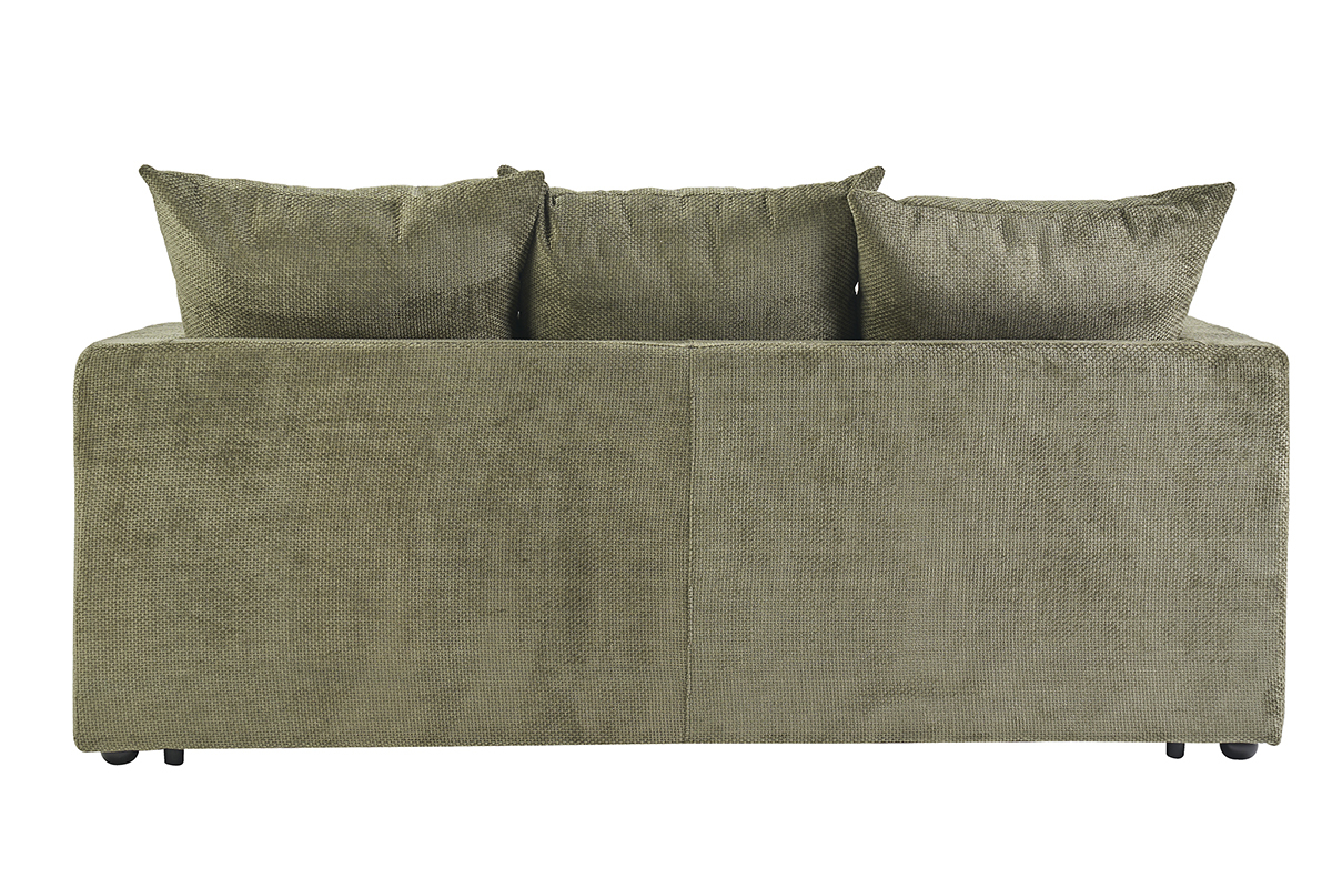 Canap� convertible 3 places en tissu velours chenille vert kaki avec matelas 13 cm BACIO