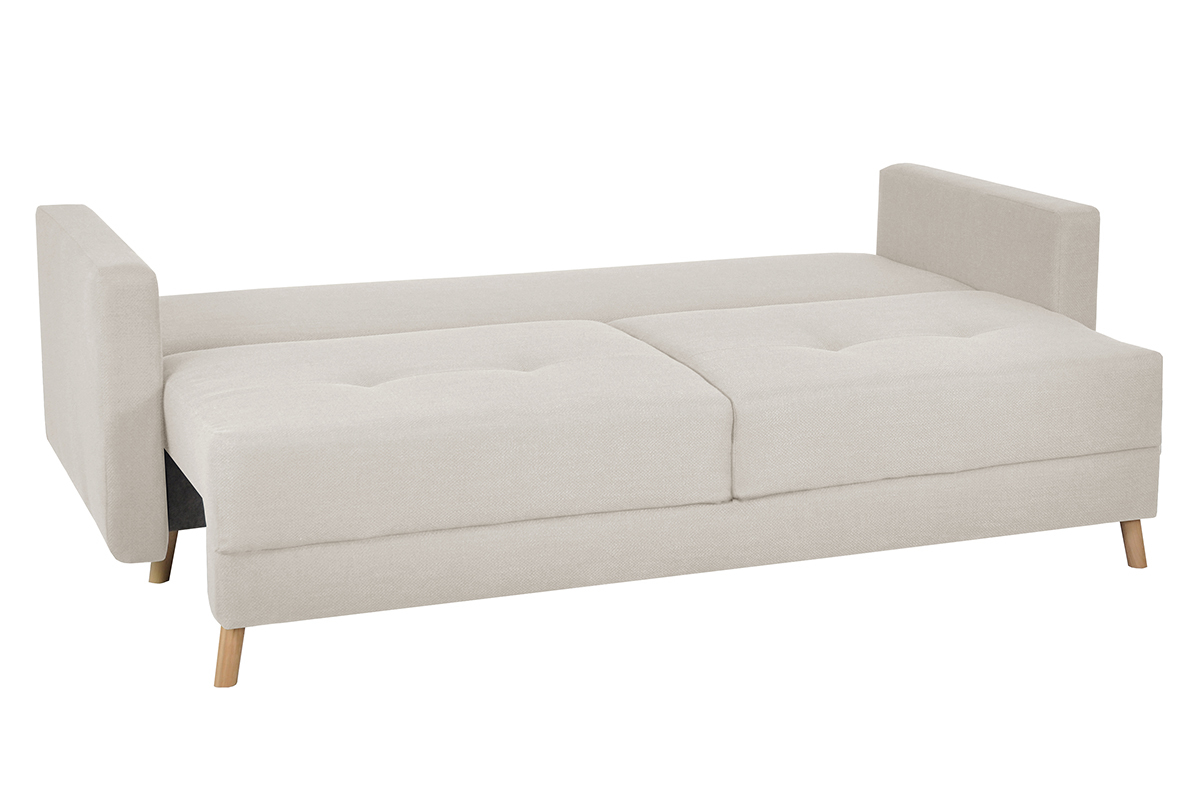 Canap convertible avec coffre 3 places en tissu beige et bois clair MIRA