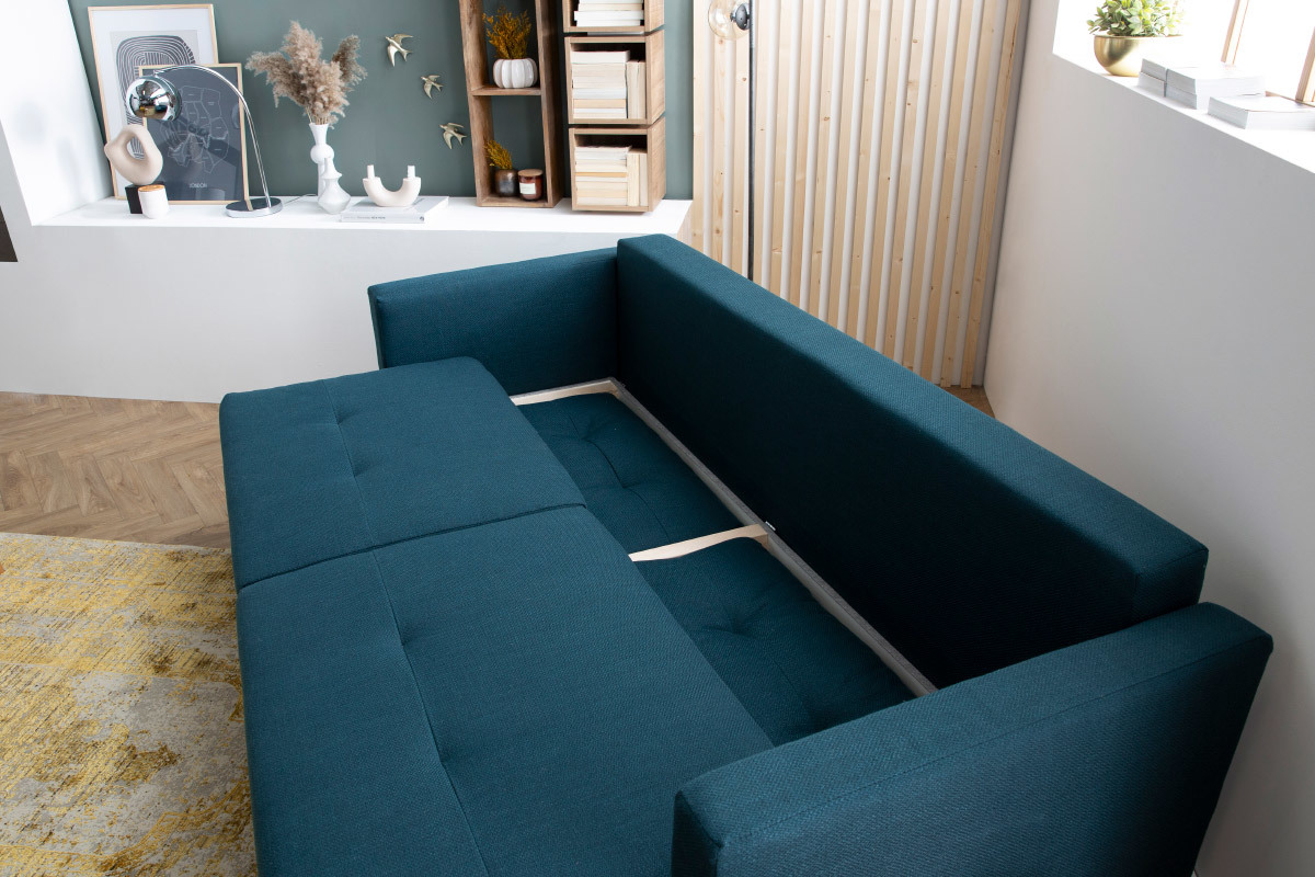 Canap convertible avec coffre 3 places en tissu beige et bois clair MIRA