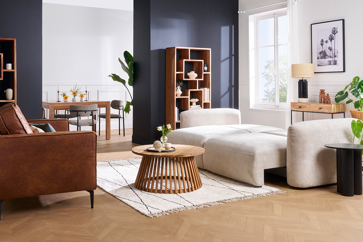 Canap convertible avec coffre 4 places en tissu velours chenille beige CRUSH