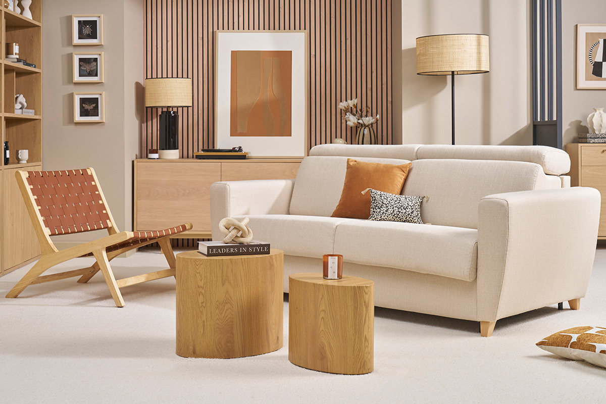 Canap convertible avec ttires ajustables 3 places en tissu beige et bois clair avec matelas 13 cm GOYA