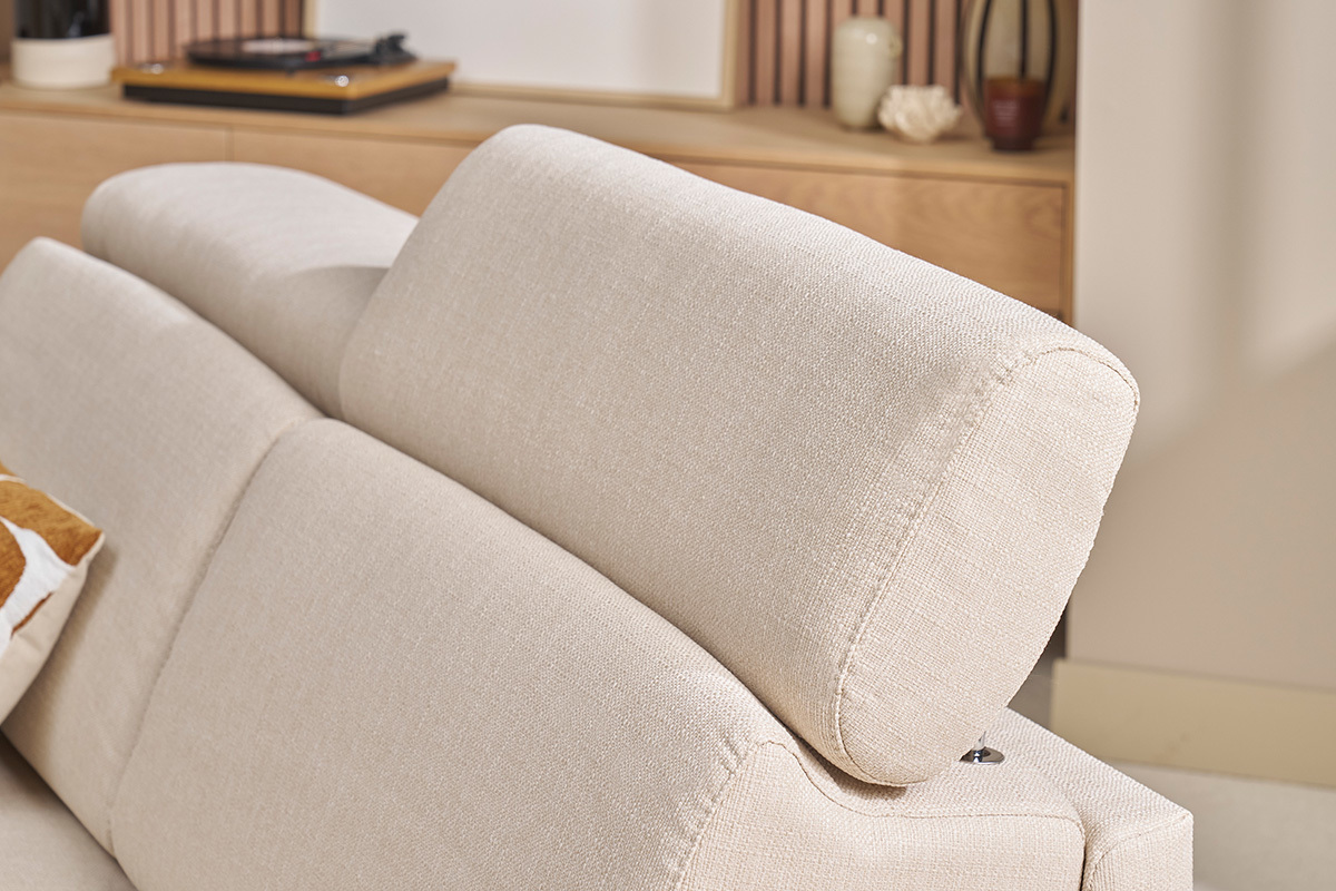 Canap convertible avec ttires ajustables 3 places en tissu beige et bois clair avec matelas 13 cm GOYA