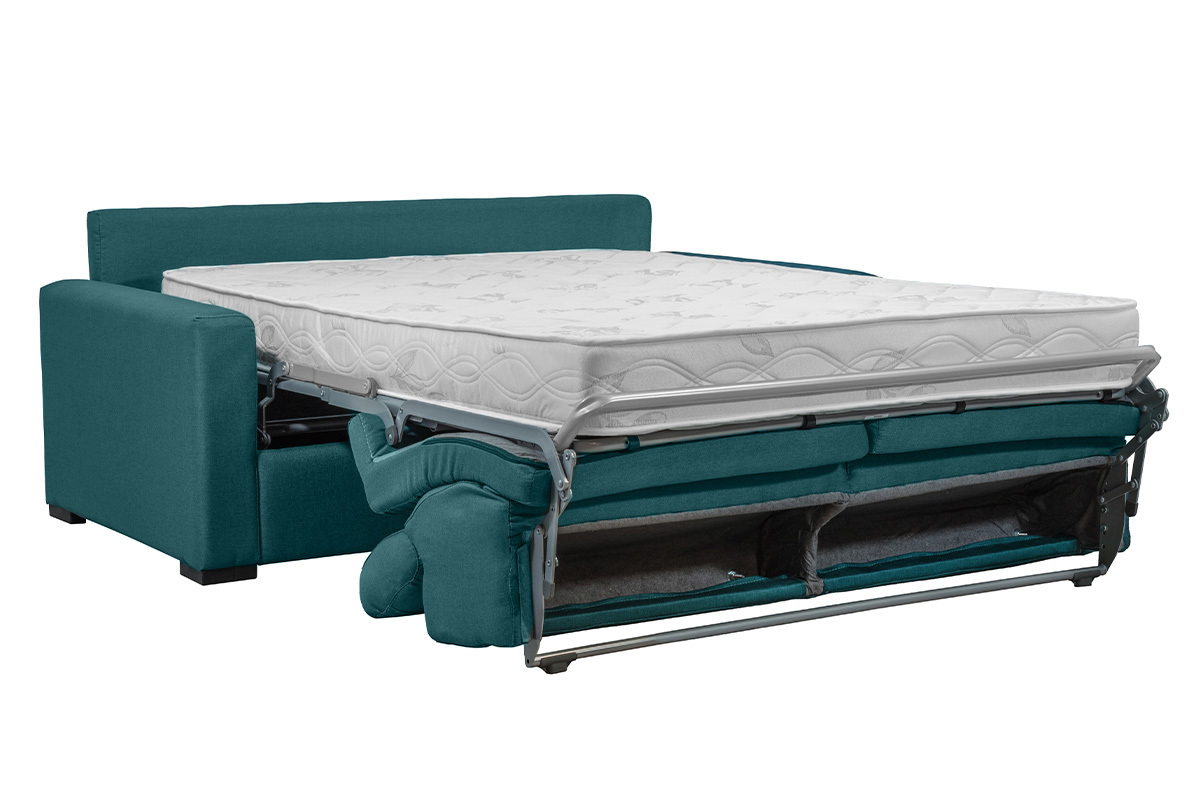 Canap convertible avec ttires ajustables 3 places en tissu bleu canard avec matelas 18 cm NORO