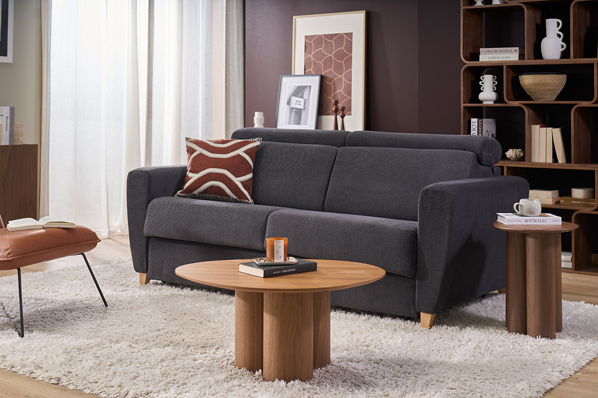 Canap� convertible avec t�ti�res ajustables 3 places en tissu effet velours gris anthracite et bois clair avec matelas 13 cm GOYA