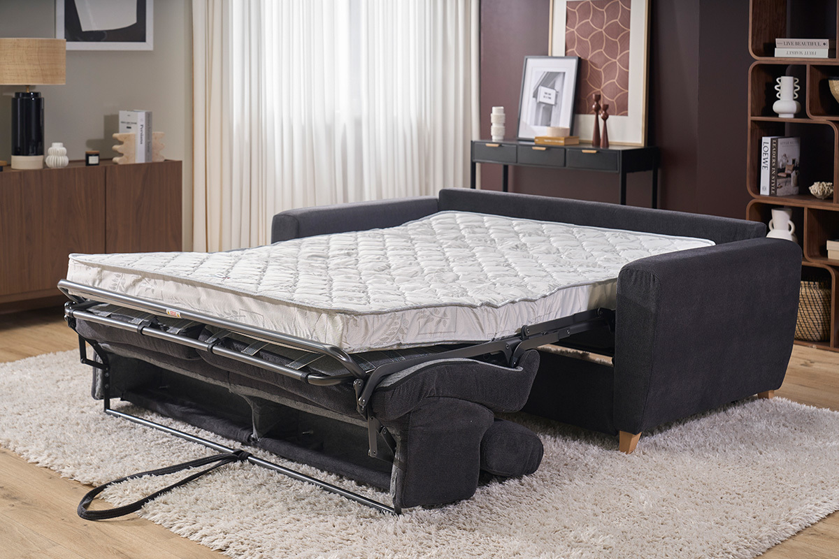 Canap� convertible avec t�ti�res ajustables 3 places en tissu effet velours gris anthracite et bois clair avec matelas 13 cm GOYA
